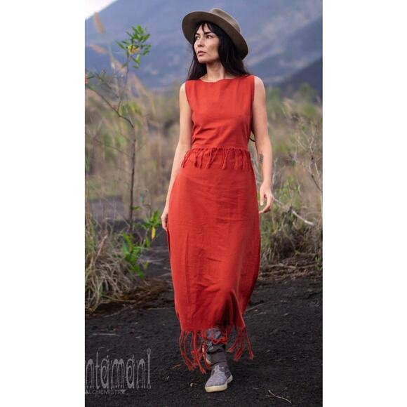 Chintamani Chakruna Raw Cotton Fringe Maxi Dress Women’s XL‎ Ochre Boho Goddess - Picture 11 of 12